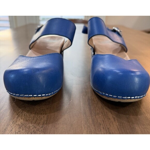 Dansko Malin Blue Leather Clog Sandals Wood Platform Block Heel 39 US 8.5- 9 - Picture 3 of 12
